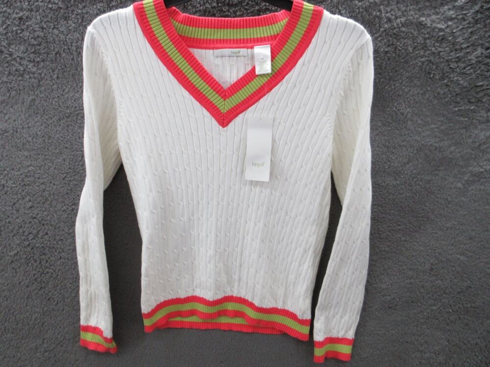 NWT Vintage Liz Golf Preppy White Cable Knit V-neck Medium Sweater Claiborne